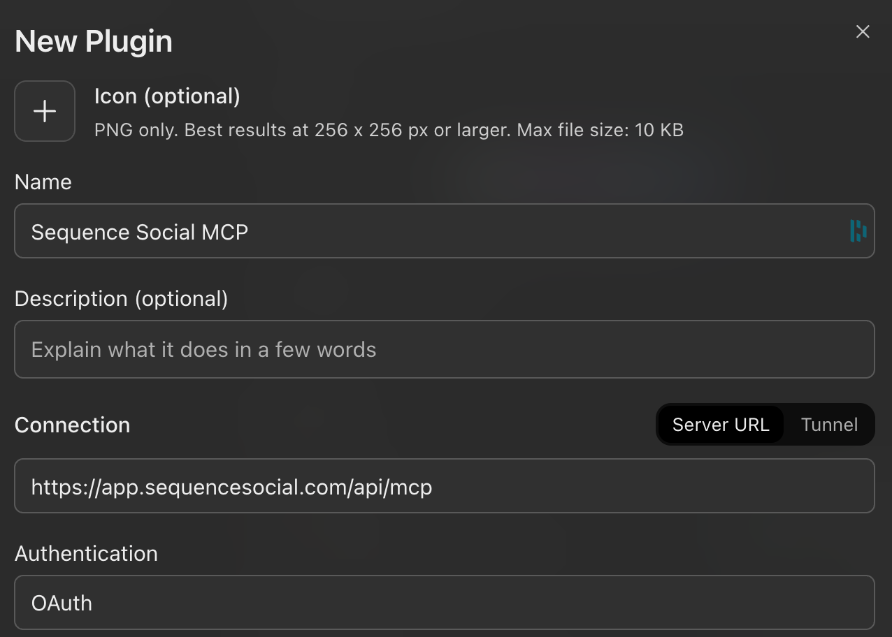 New Plugin form in ChatGPT with the name Sequence Social MCP, the Sequence server URL under Connection and OAuth authentication