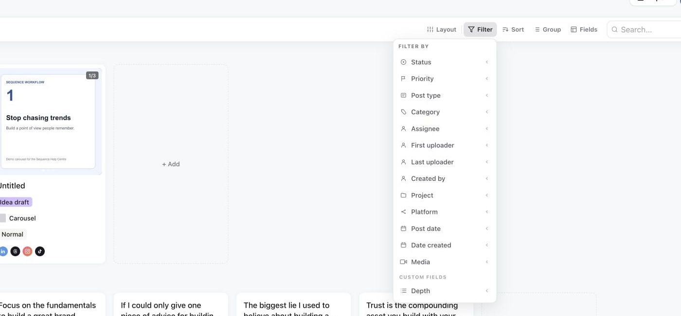 Content planner Filter menu with workflow and publishing filters