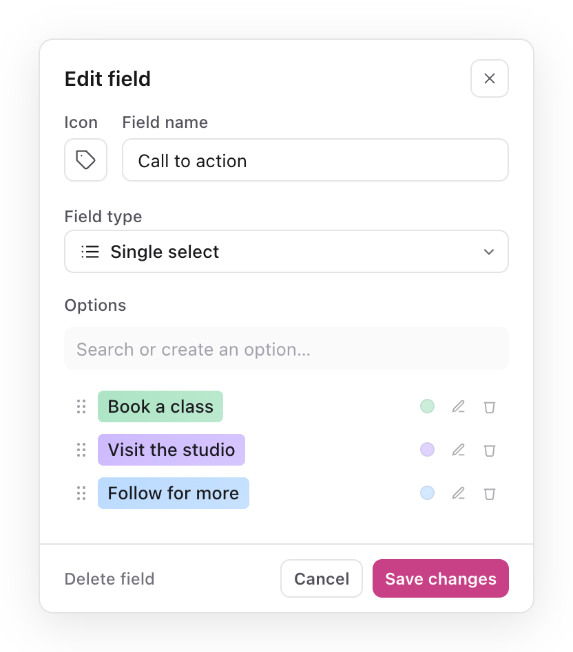 Edit field form for Call to action with option controls, Delete field, Cancel and Save changes