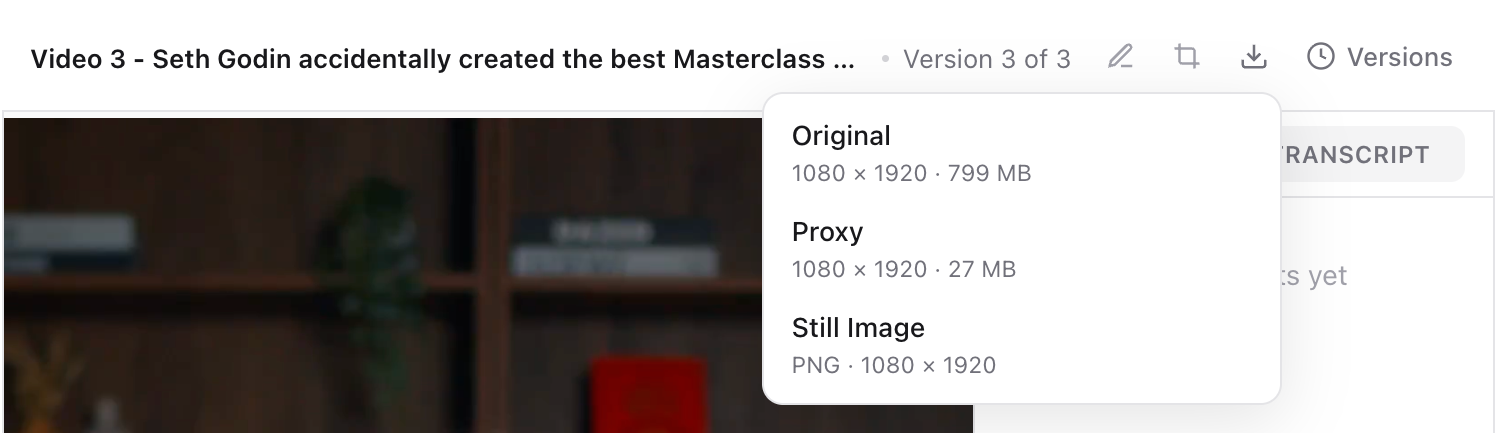 Media tab download menu showing Original, Proxy and Still Image with resolution and file size