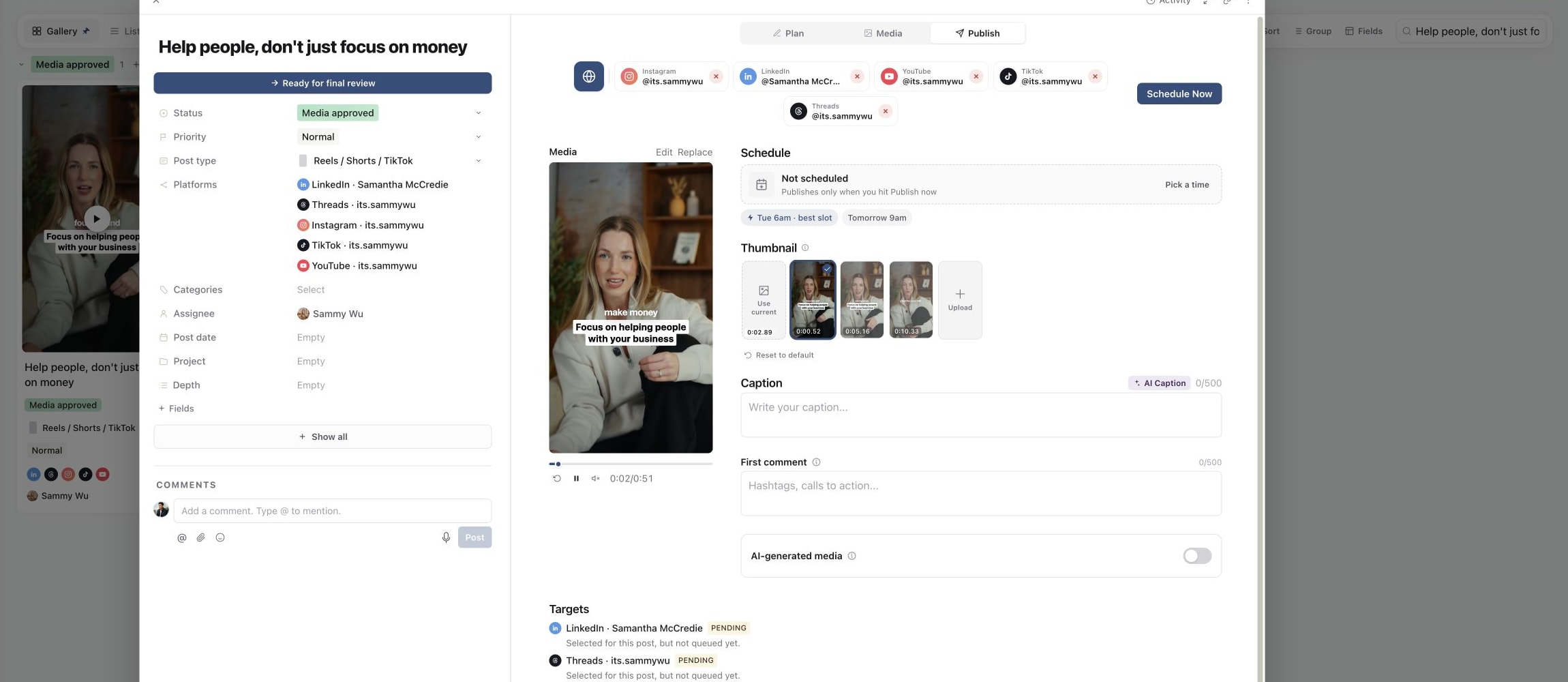 Publish tab showing the processed video, thumbnail choices and pending targets