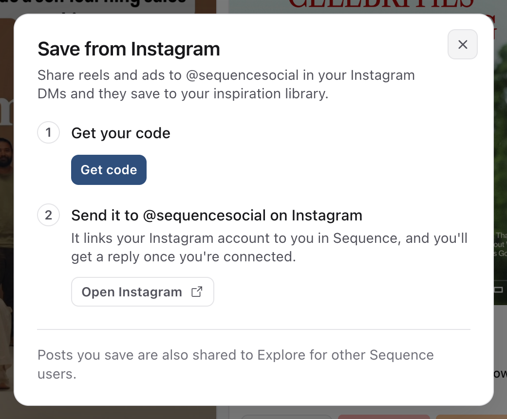 Save from Instagram window with the Get code and Open Instagram steps