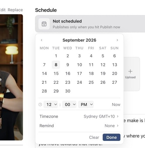Scheduling date and time picker on a content piece