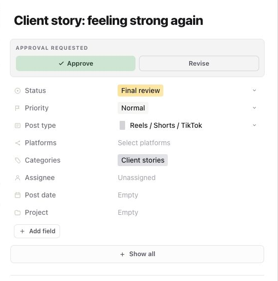 An existing final-review post showing Approval requested, Approve and Revise