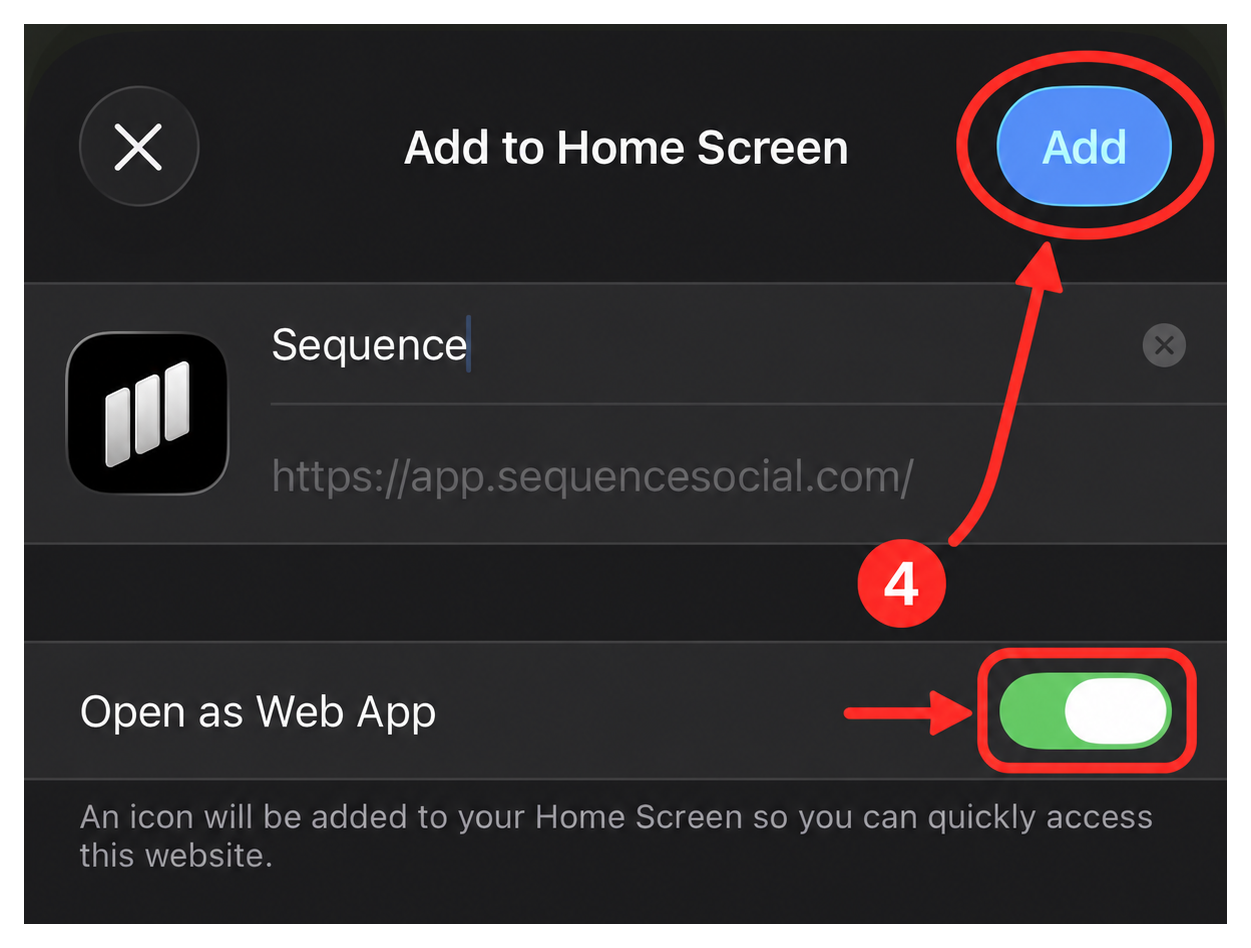 Sequence Add to Home Screen confirmation with Add and the enabled Open as Web App toggle highlighted