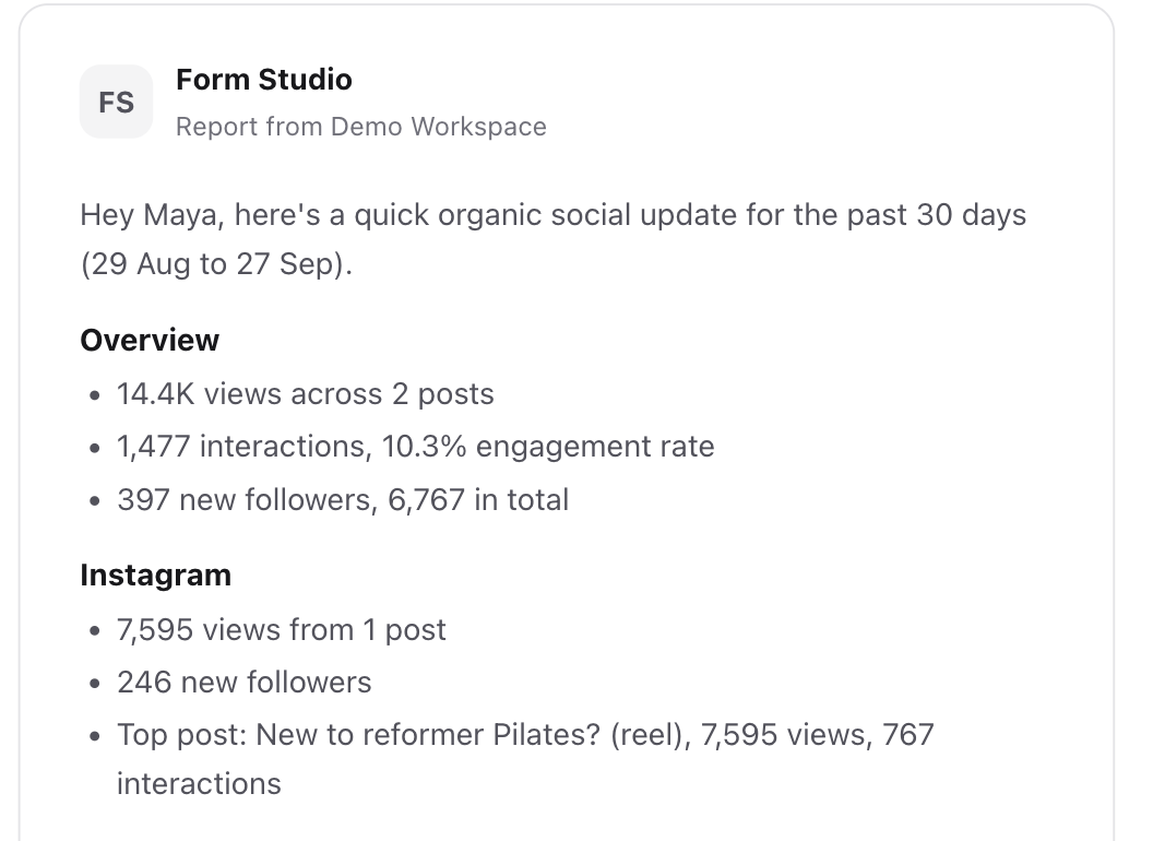 Email preview of an AI report update for the demo brand Form Studio, with a greeting, an overview and a section per platform