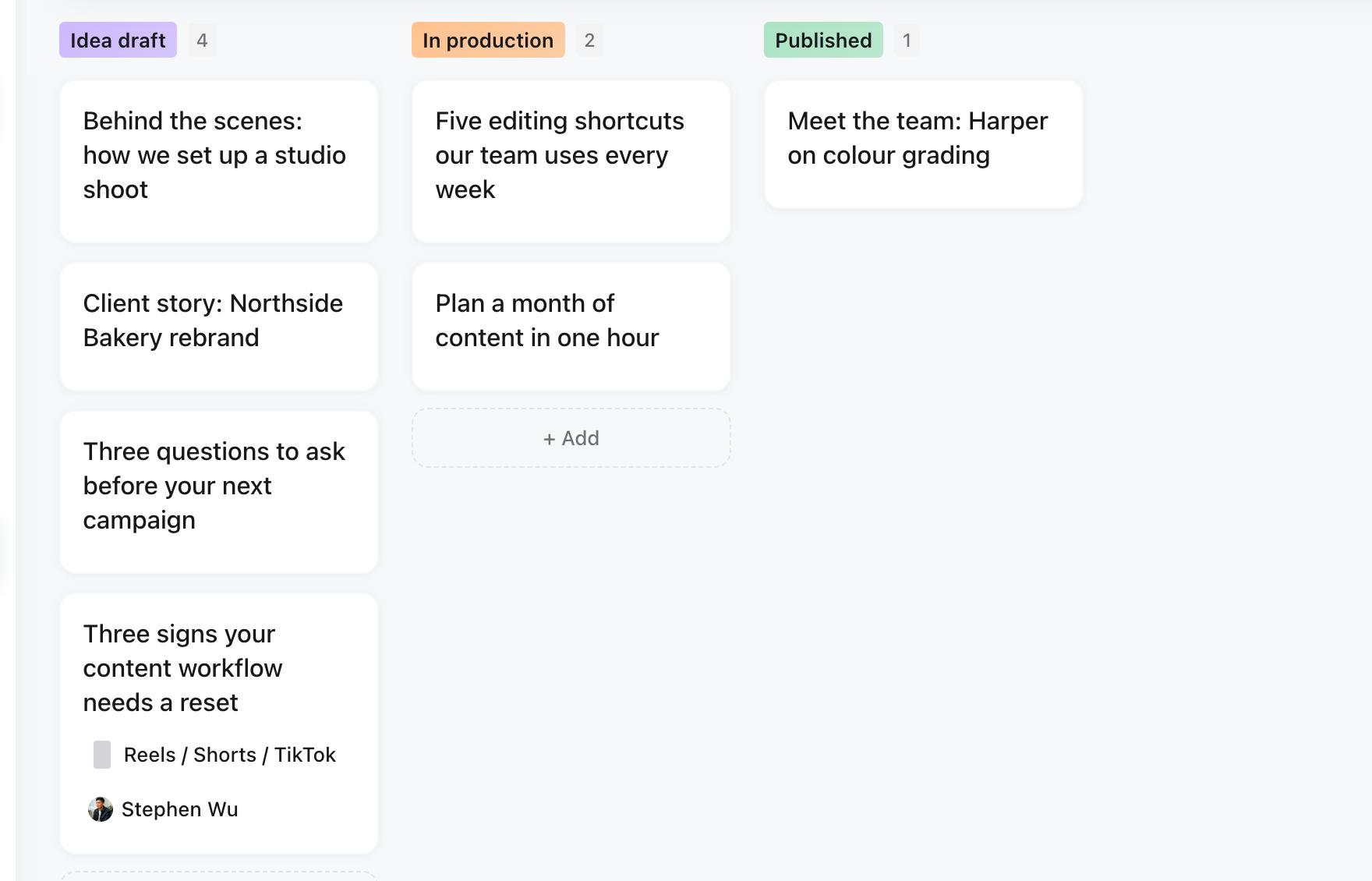Board view after the import with imported posts in the Idea draft, In production and Published columns