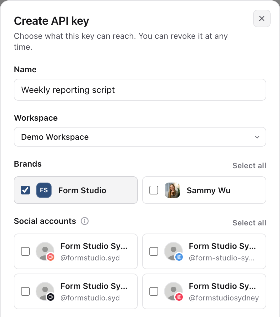Create API key dialog with the name Weekly reporting script, Demo Workspace and the Form Studio brand selected