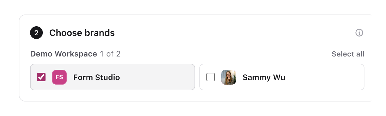 Choose brands step with Form Studio selected in Demo Workspace