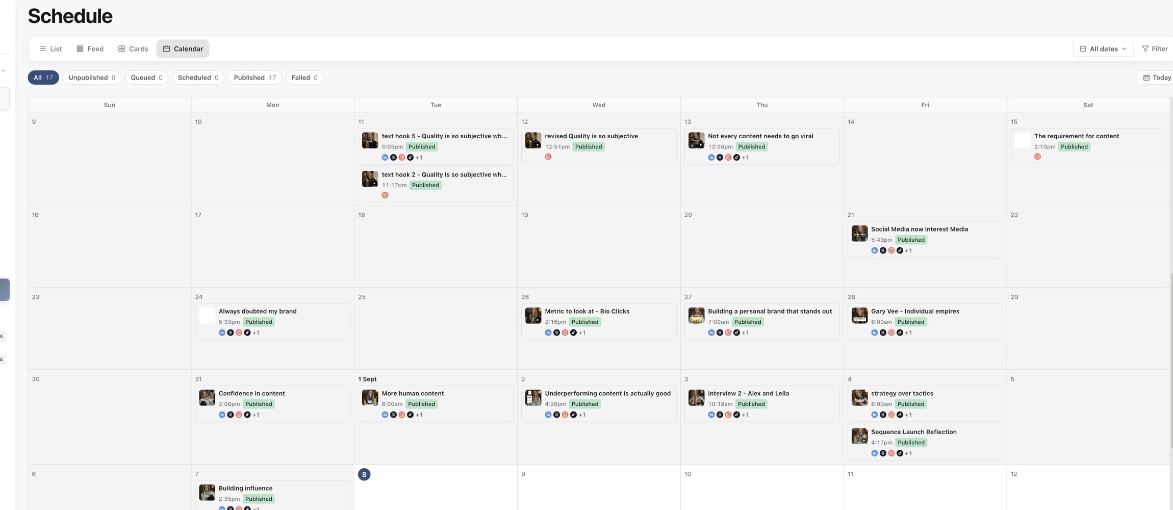Schedule Calendar view showing posts across the month