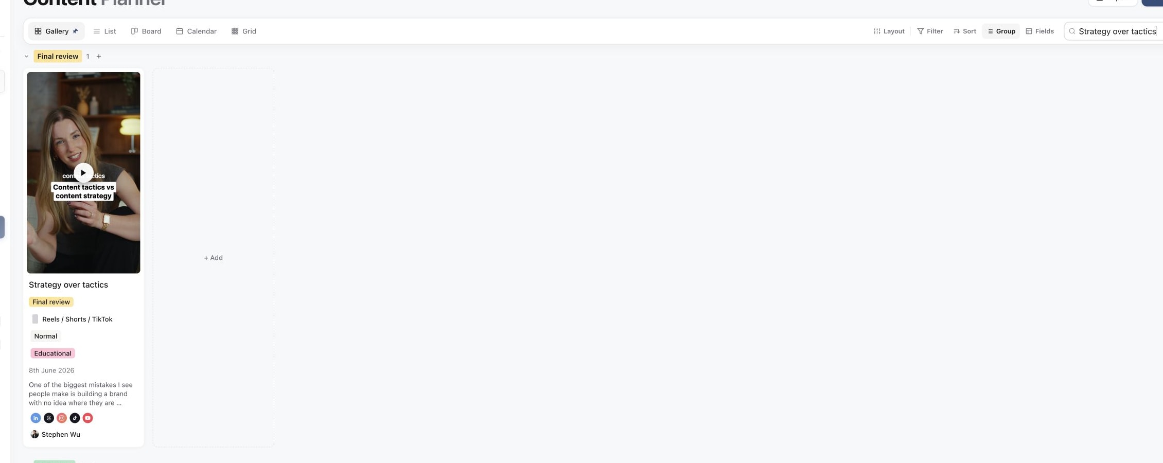 Content Planner showing focused search results for Strategy over tactics