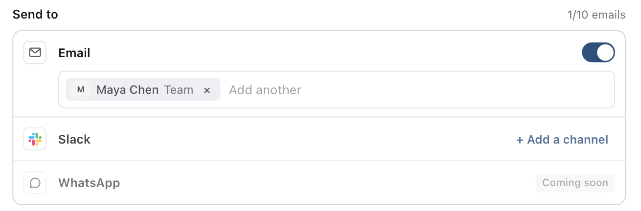 Send to section with an email recipient, the Slack Add a channel control and WhatsApp marked Coming soon