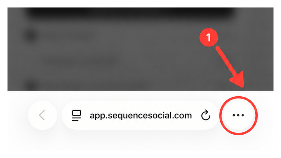Safari with app.sequencesocial.com open and a red arrow pointing to the three-dot page menu
