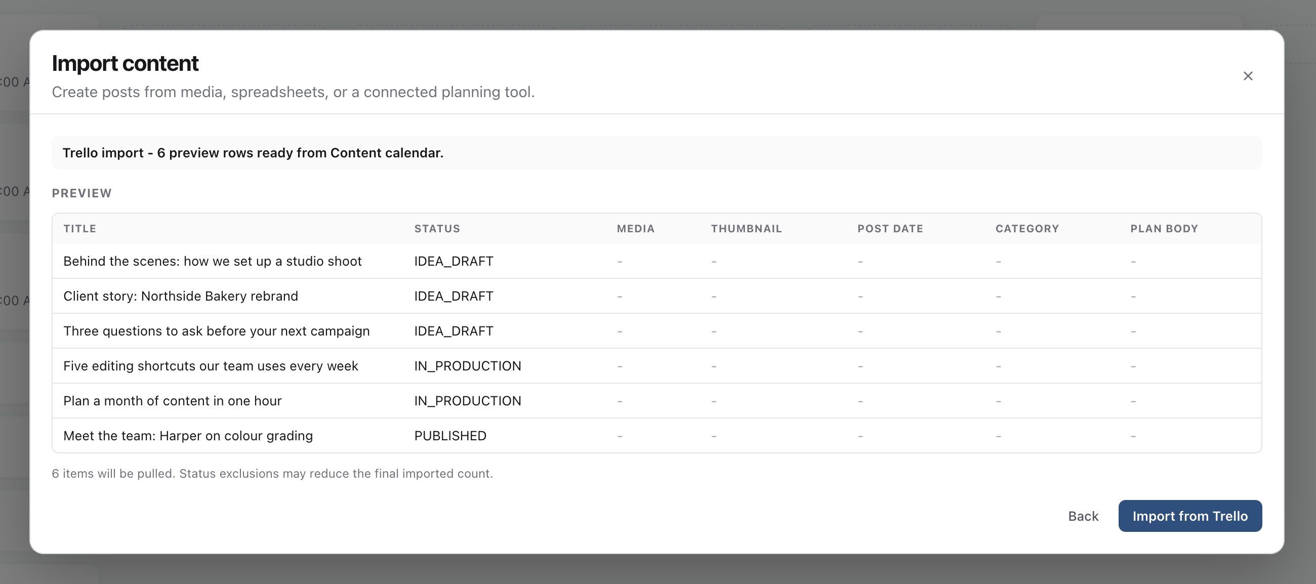Preview table listing six Trello cards with their mapped Sequence statuses and an Import from Trello button
