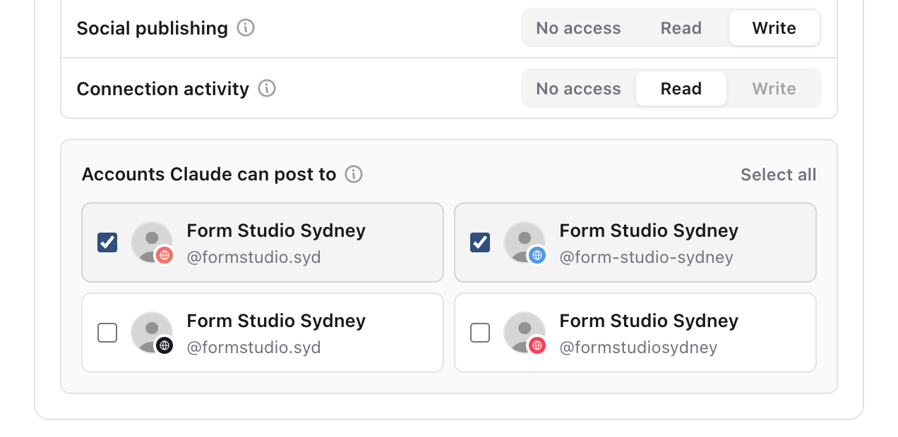 Social publishing set to Write with two Form Studio Sydney accounts selected