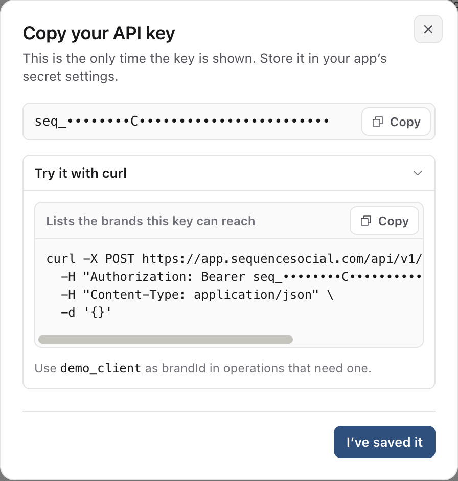 Copy your API key dialog with the key hidden, a Copy button and a sample curl request