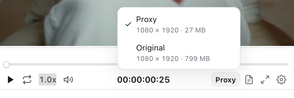 Player quality menu with Proxy selected and Original listed, each showing resolution and file size