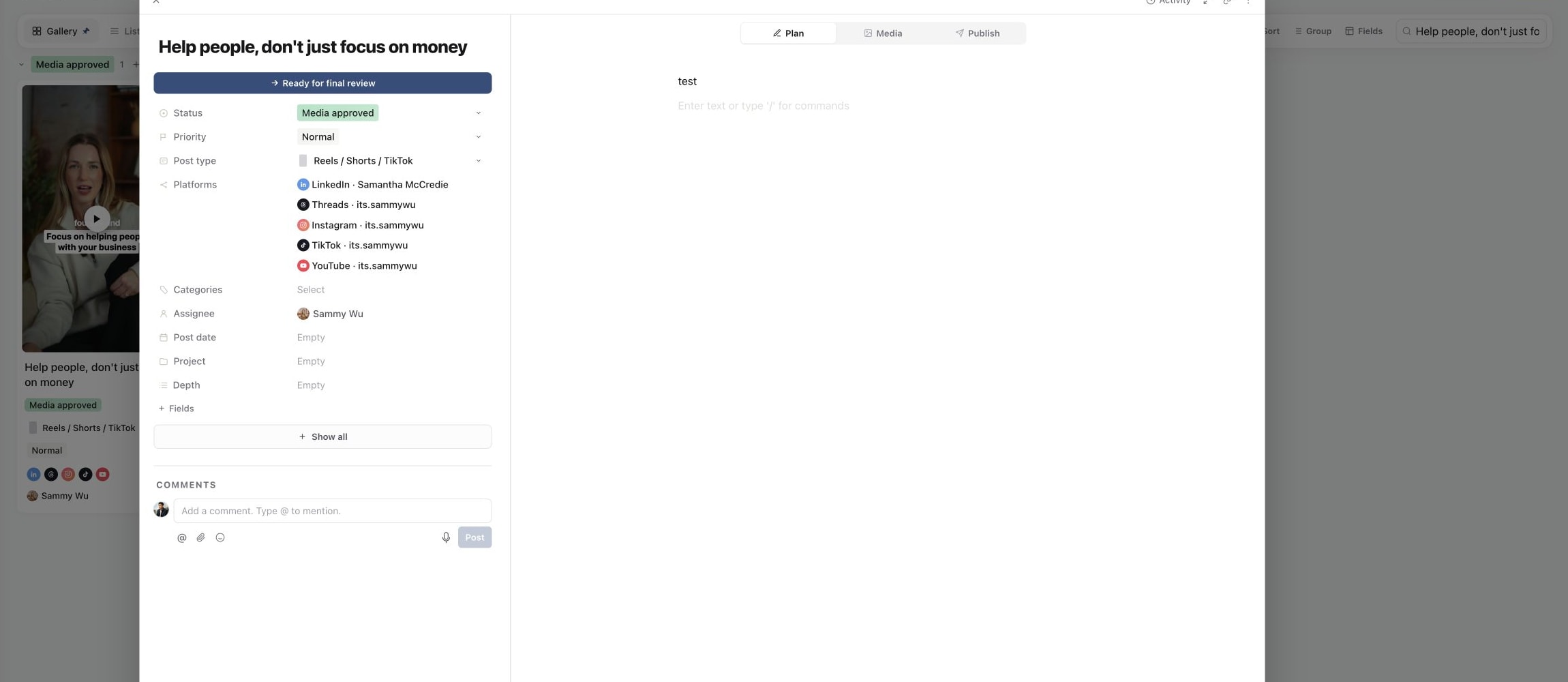 Content piece Plan tab with the editable brief and script area