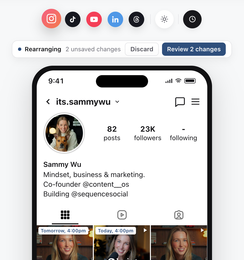 Rearrange mode with two unsaved changes, showing the new time on each moved post