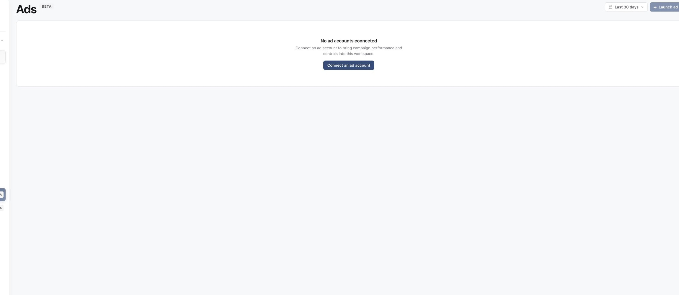 Ads page showing that an ad account must be connected before performance is available