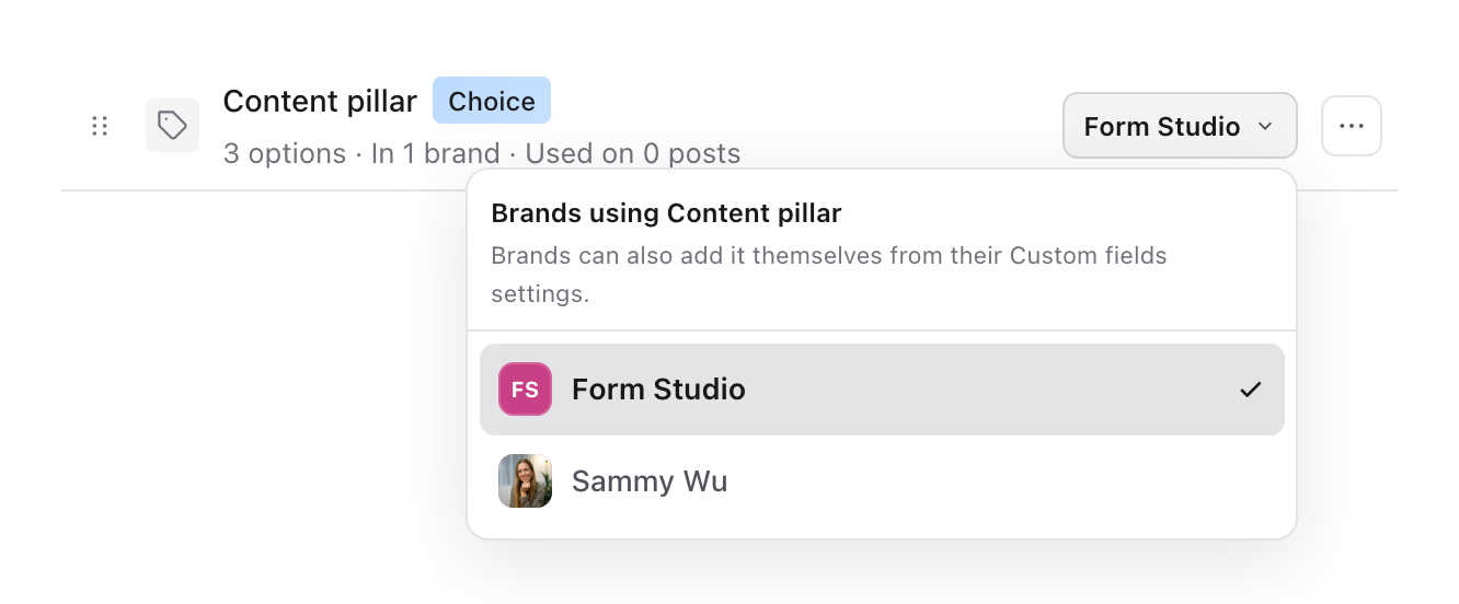 Brands using Content pillar list with Form Studio ticked and Sammy Wu unticked