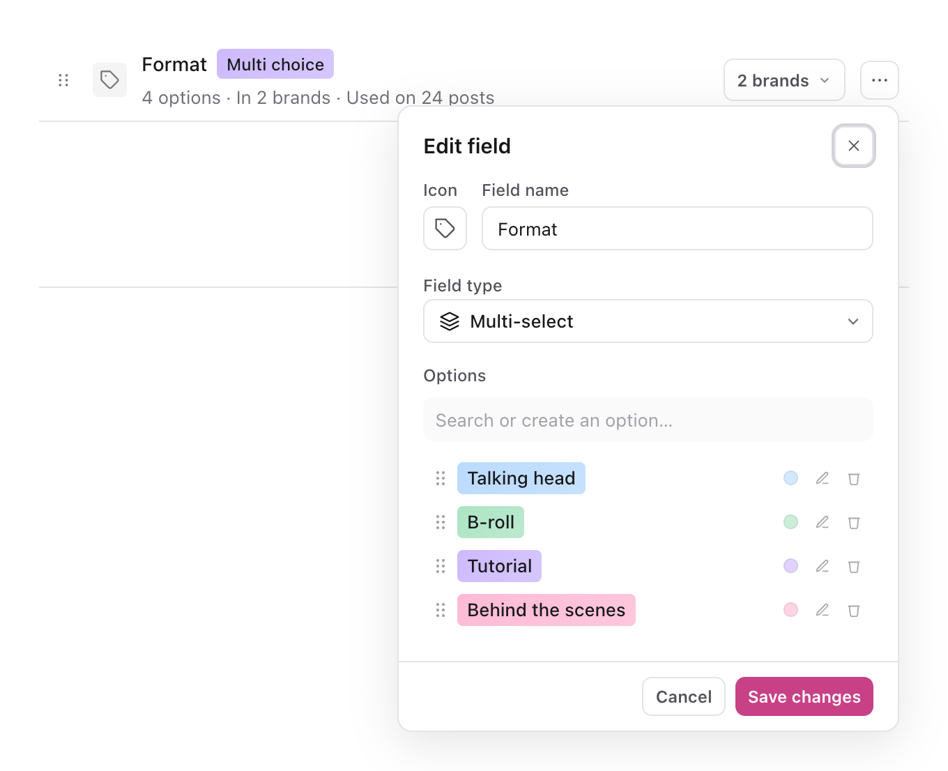 Edit field form opened from the Format row, showing its Multi-select type and four options