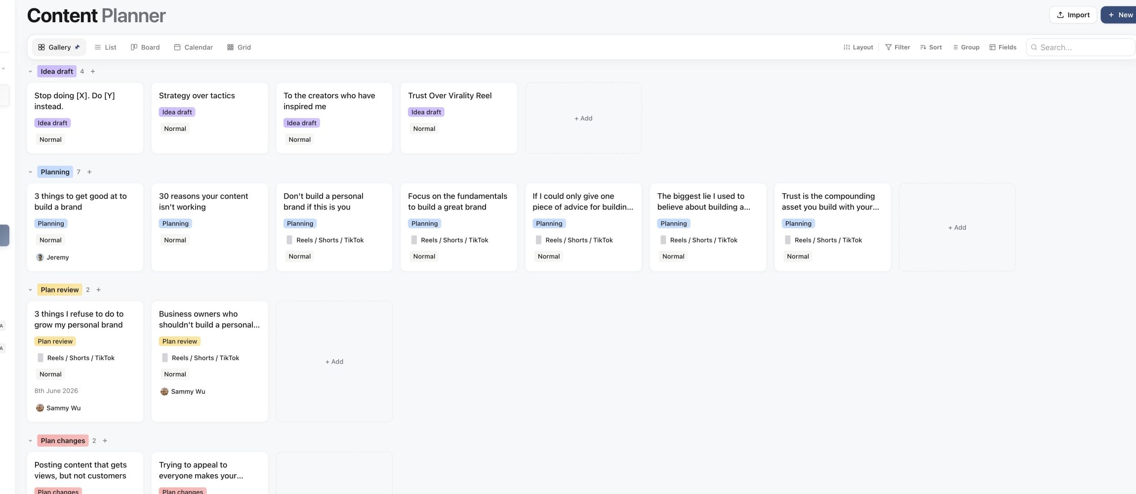 Content Planner Gallery view with content cards grouped by workflow status