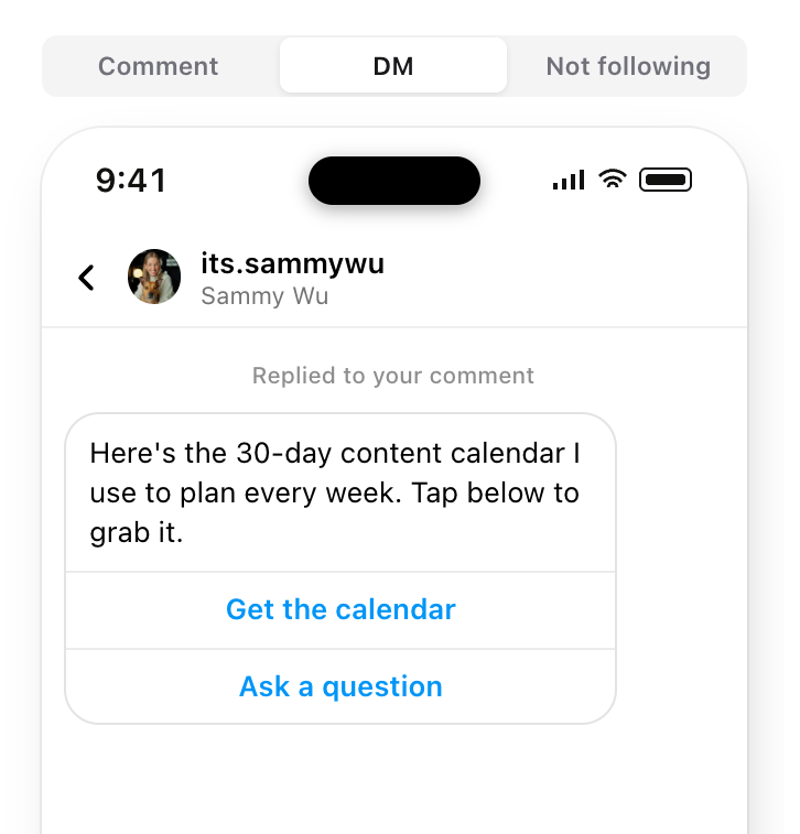 Phone preview of a DM Flow message, replying to a comment, with Get the calendar and Ask a question buttons