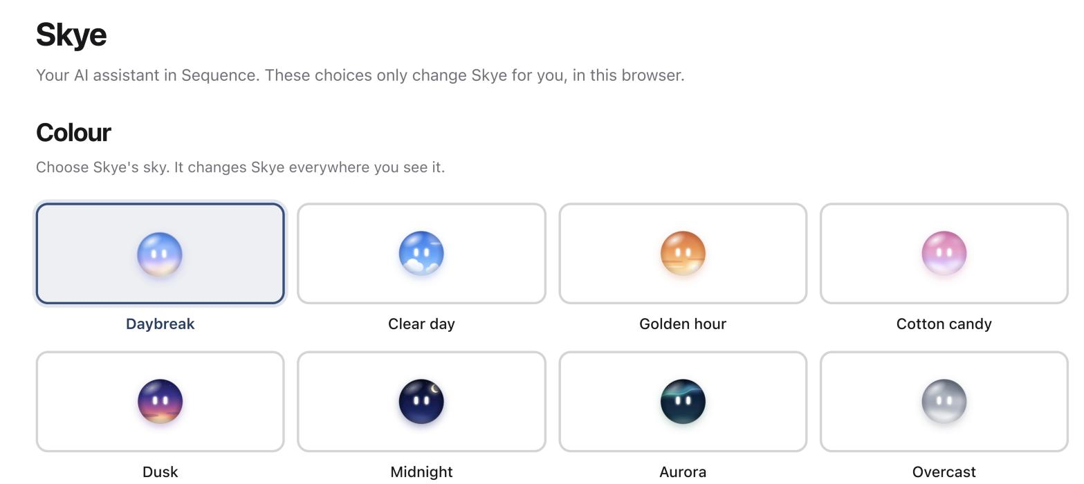 Settings, Skye, Colour with eight sky options
