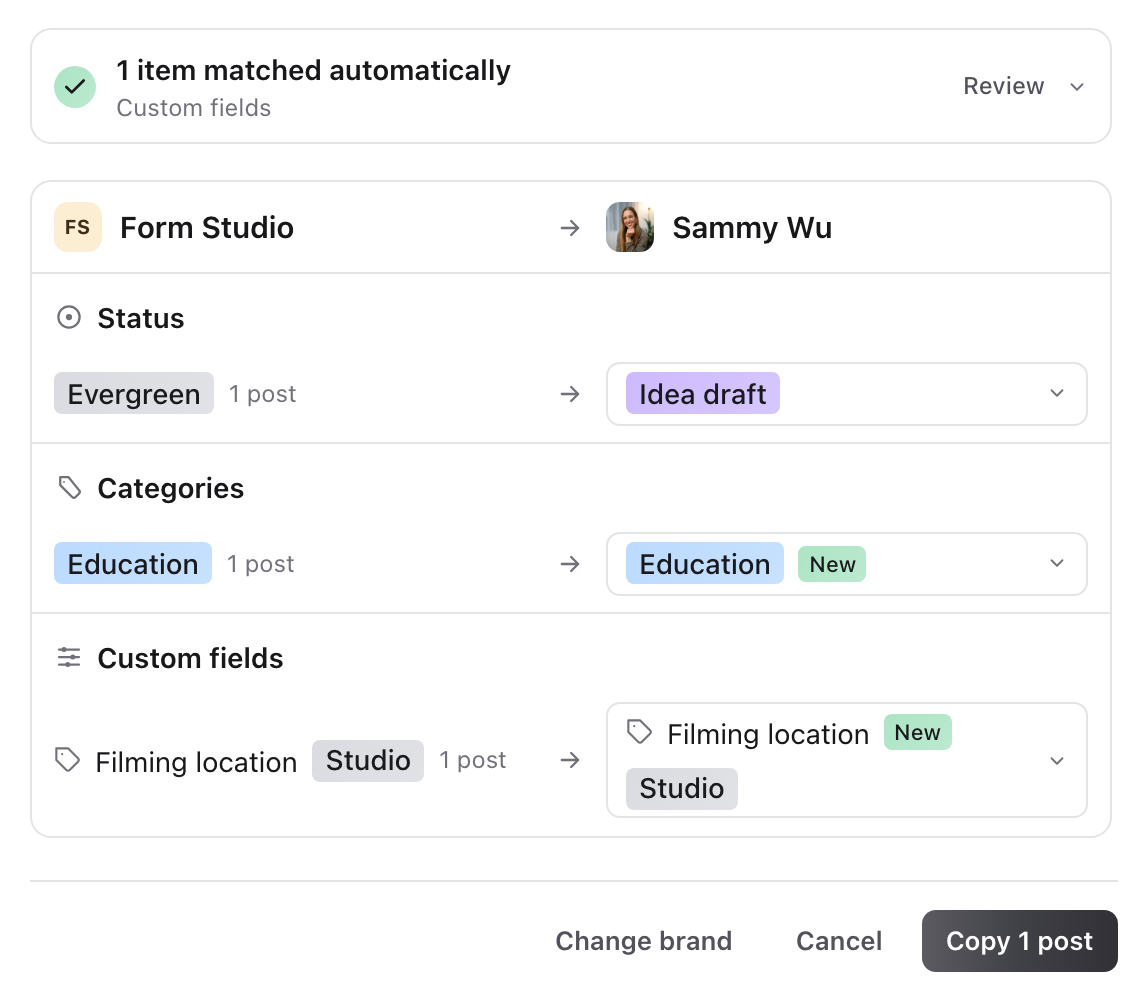 Form Studio and Sammy Wu side by side, with a status, a category and a custom field to match above the Copy 1 post button