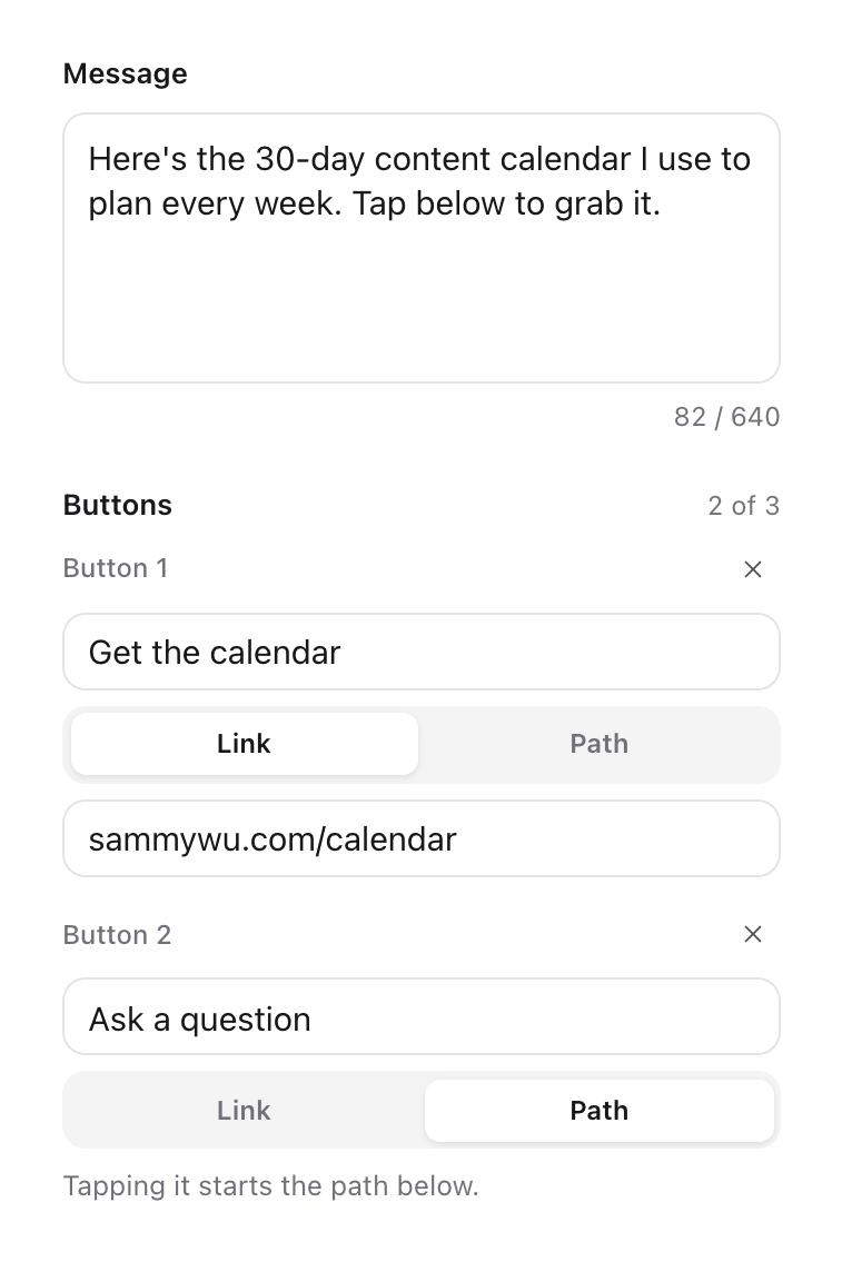 Send DM settings with the message, a Get the calendar button set to Link with its web address, and an Ask a question button set to Path