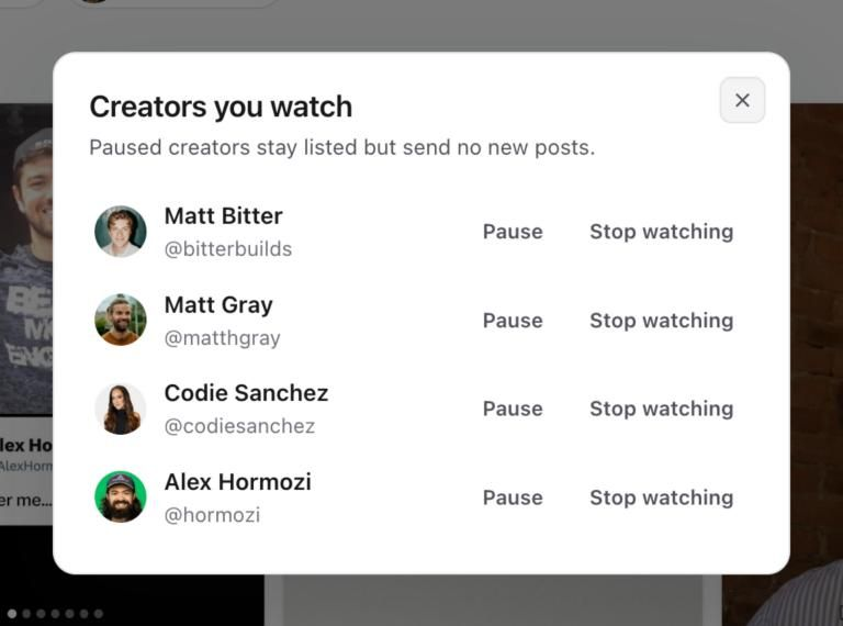 Creators you watch window with Pause and Stop watching beside each creator