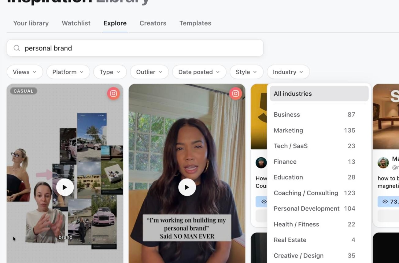 Explore Industry filter open, listing industries with post counts
