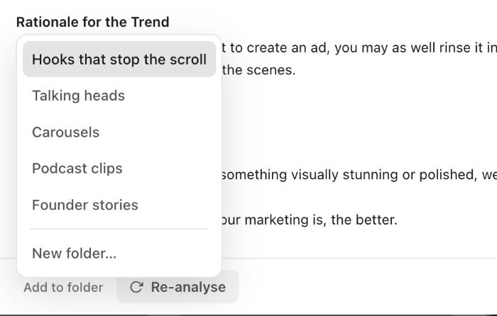 Add to folder menu in a post pop-up listing the brand's folders and New folder