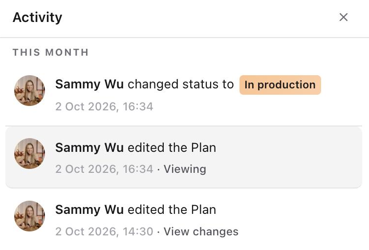 Activity list showing two Plan edits, one being viewed and one with View changes