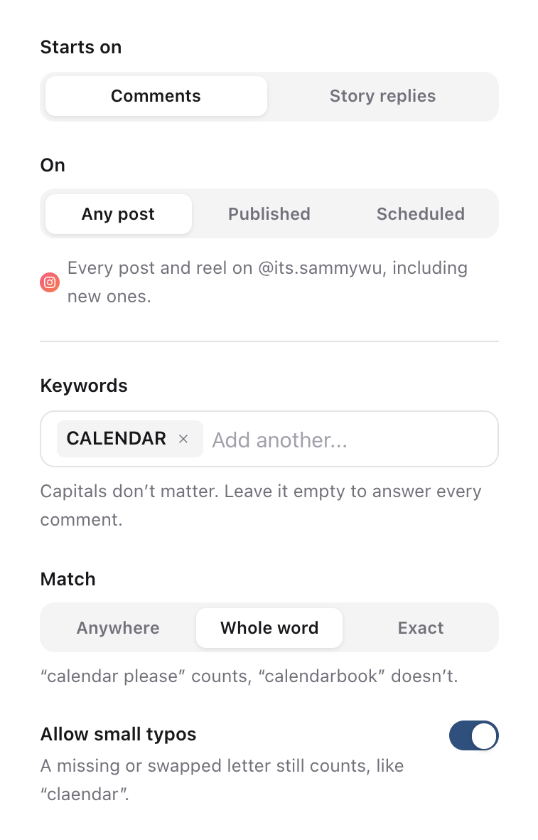 Trigger settings with Starts on set to Comments, On set to Any post, the keyword CALENDAR, Match set to Whole word and Allow small typos on