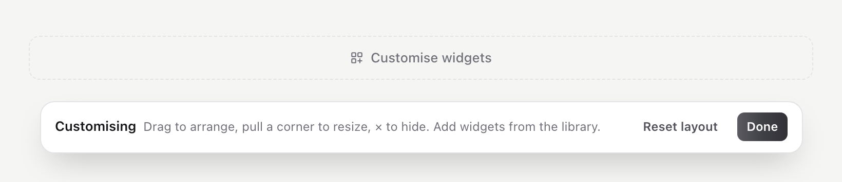 Customise widgets button and the Customising bar with Reset layout and Done