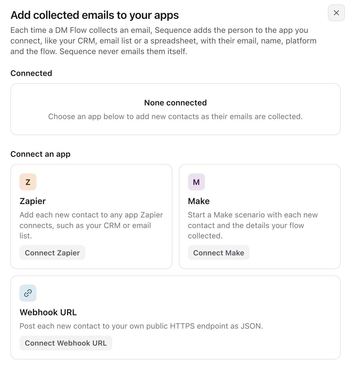 Add collected emails to your apps dialog with Connect Zapier, Connect Make and Connect Webhook URL