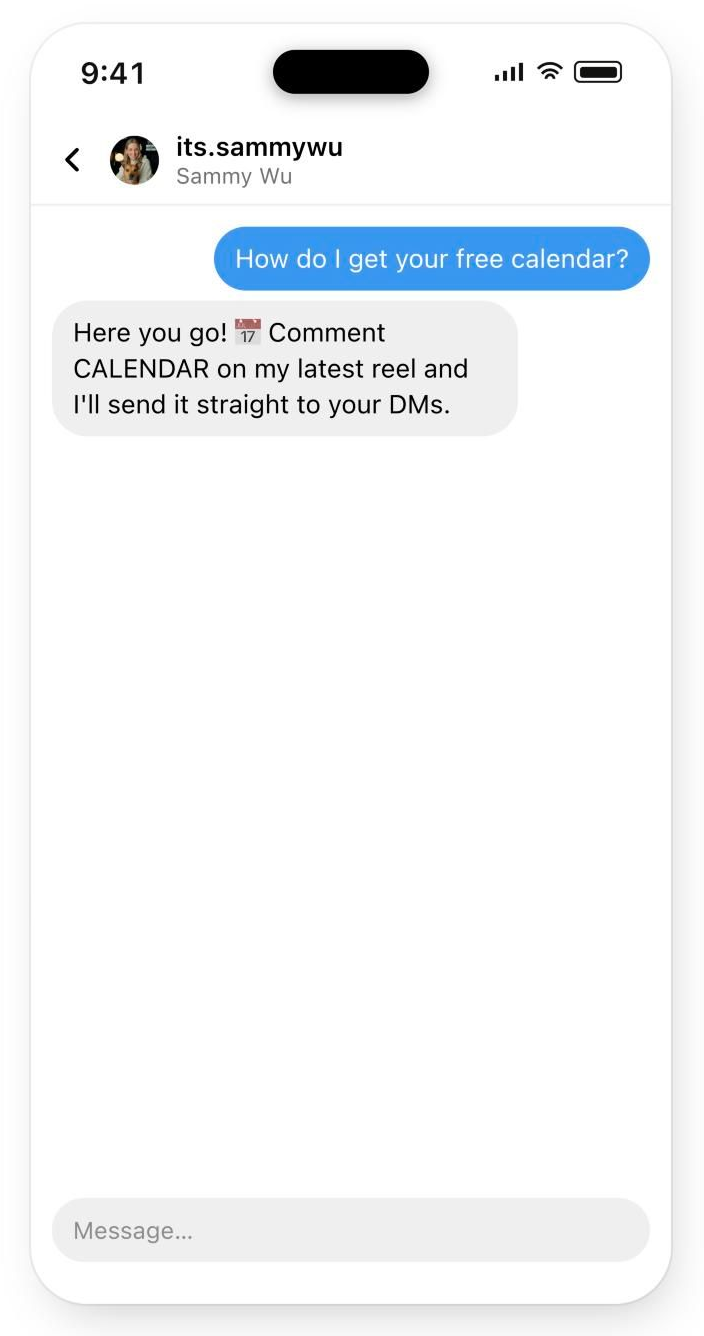 Phone preview after someone taps the conversation starter How do I get your free calendar?, showing the automatic answer