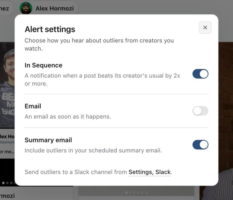 Alert settings window with In Sequence, Email and Summary email switches