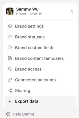 Settings sidebar with Export data selected in the brand section