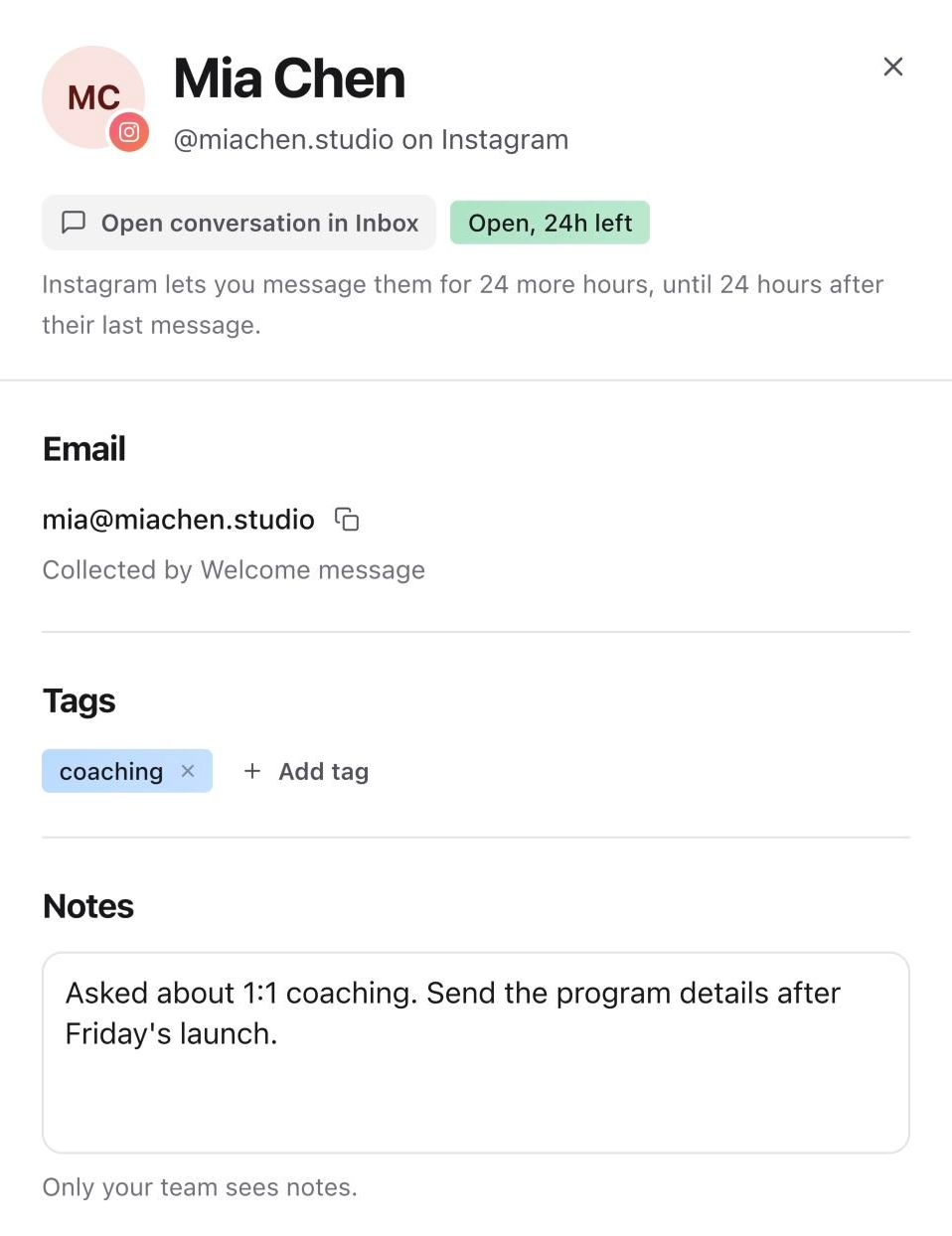 Contact details panel with an Open conversation in Inbox button, the collected email, a coaching tag and a team note (example data)