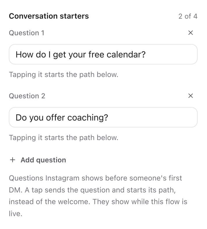 Conversation starters fields with two questions, each starting the path below it, and an Add question button