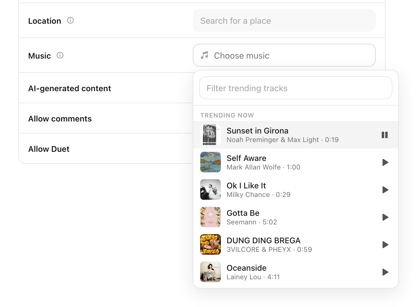 TikTok options with the music picker open, showing trending tracks with play buttons