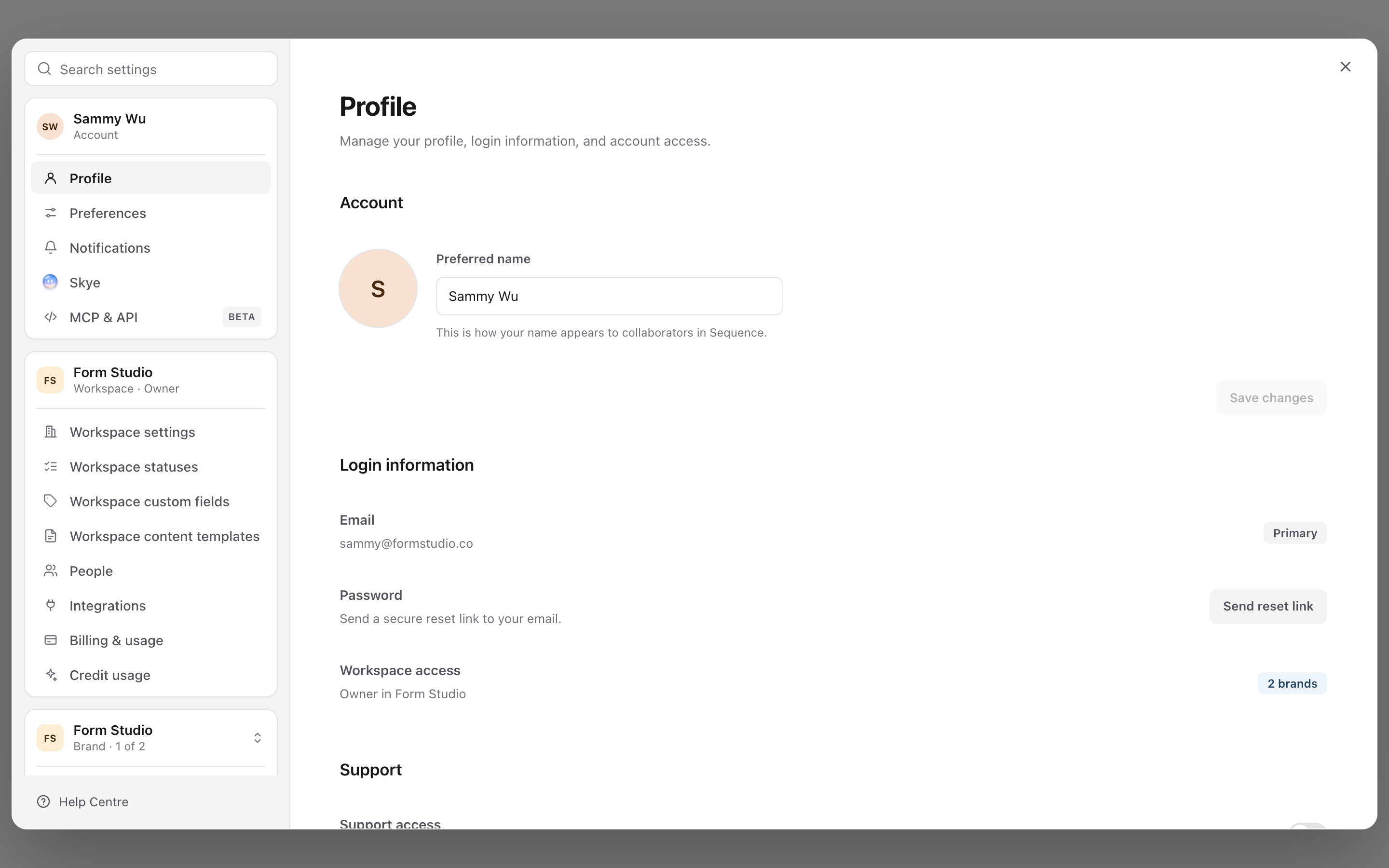 Profile settings for Sammy Wu with preferred name, profile photo, login information and workspace access