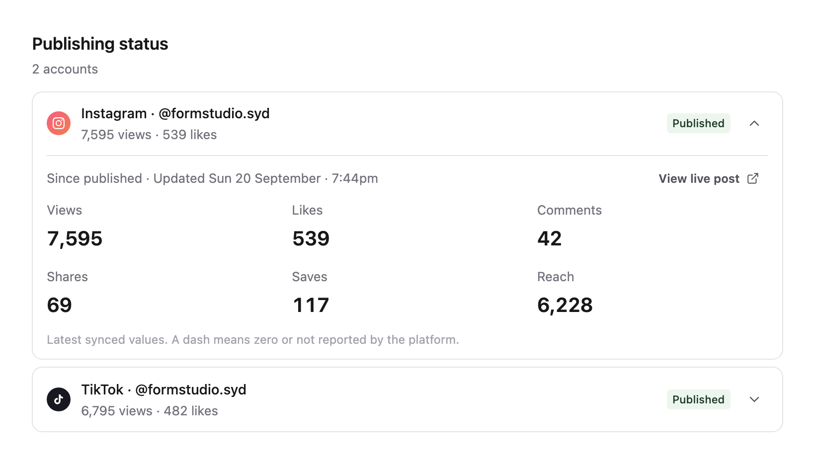 Published Instagram account expanded to show views, likes, comments, shares, saves, reach and the last update time.