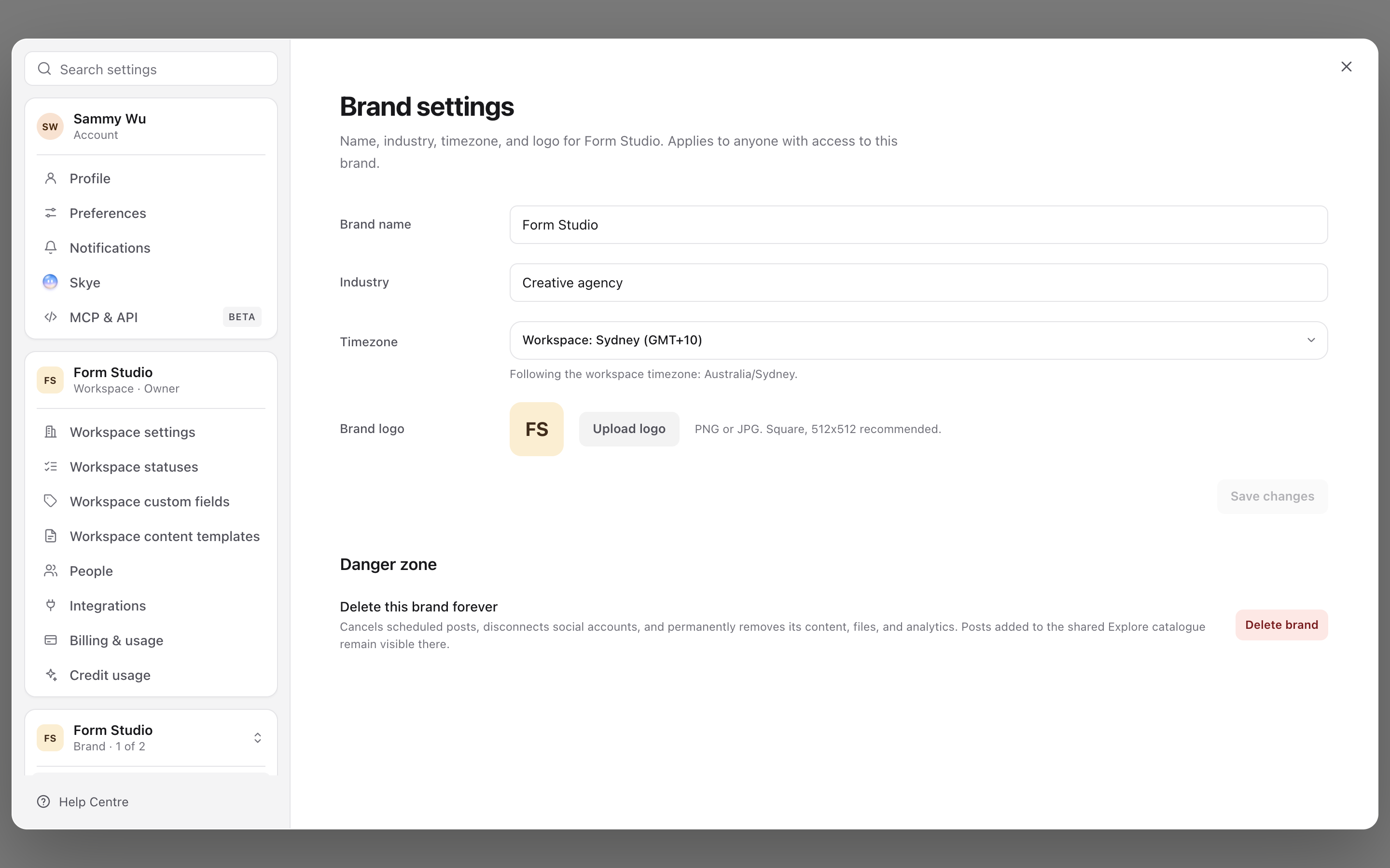 Brand settings for Form Studio with brand name, industry, logo and timezone