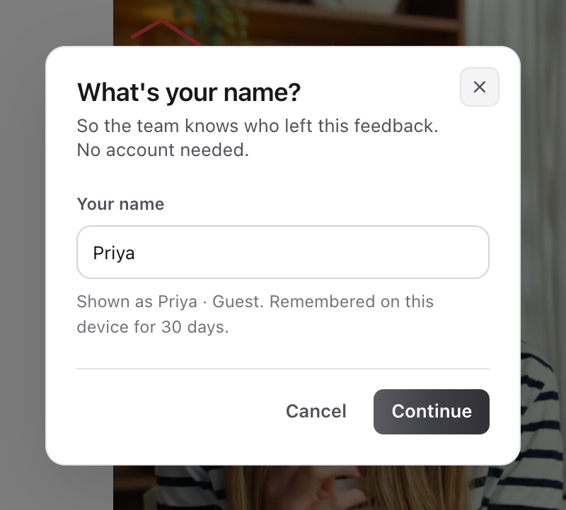 What's your name? with Priya entered, the line Shown as Priya · Guest, and Continue