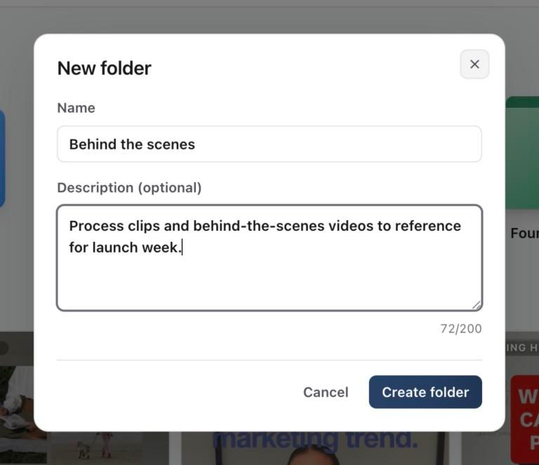 New folder window with a name, an optional description and the Create folder button