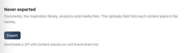 Export button with the line saying a ZIP with content-pieces.csv and brand-brain.md will download